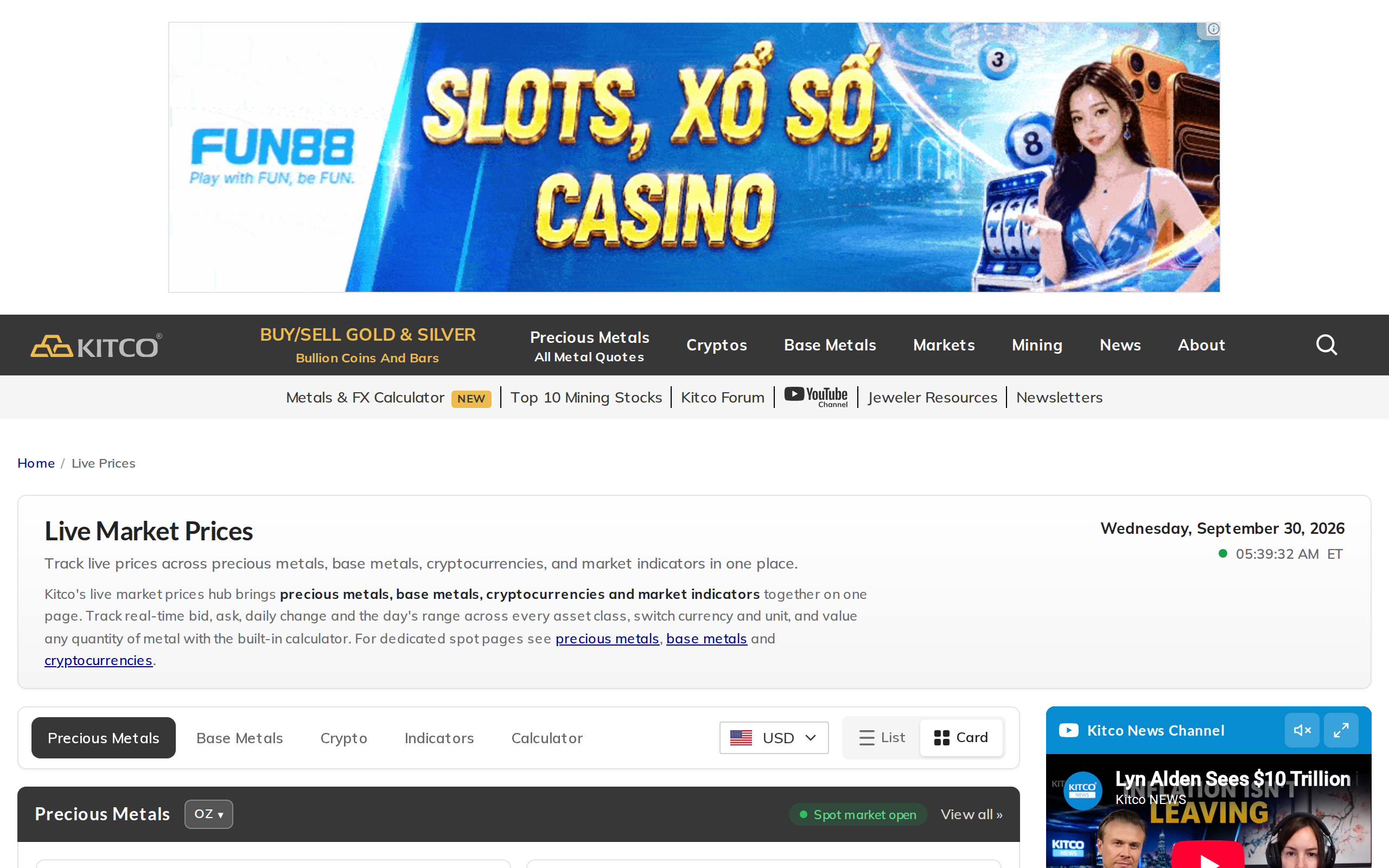 Kitco Live Market Prices page with a Precious Metals section and Kitco News Channel