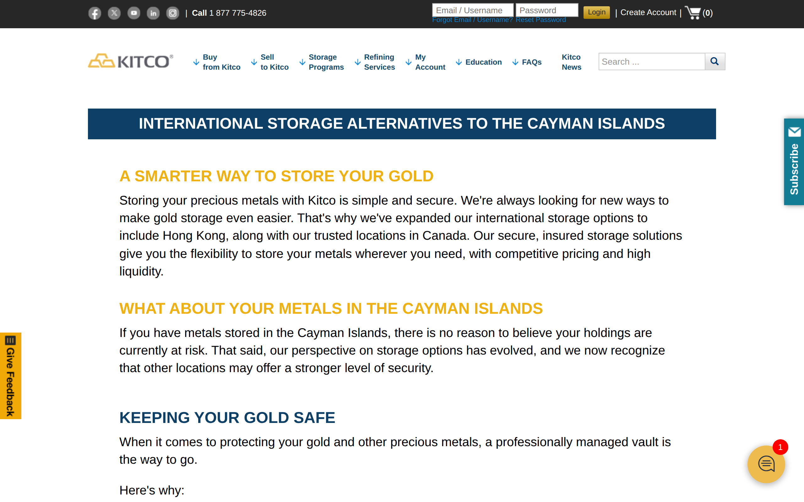 Kitco page on international storage alternatives to the Cayman Islands with the heading A Smarter Way to Store Your Gold