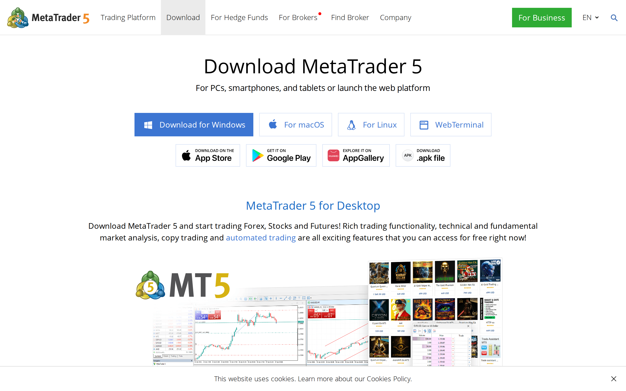 MetaTrader 5 download page with the heading Download MetaTrader 5 for PCs, smartphones and tablets