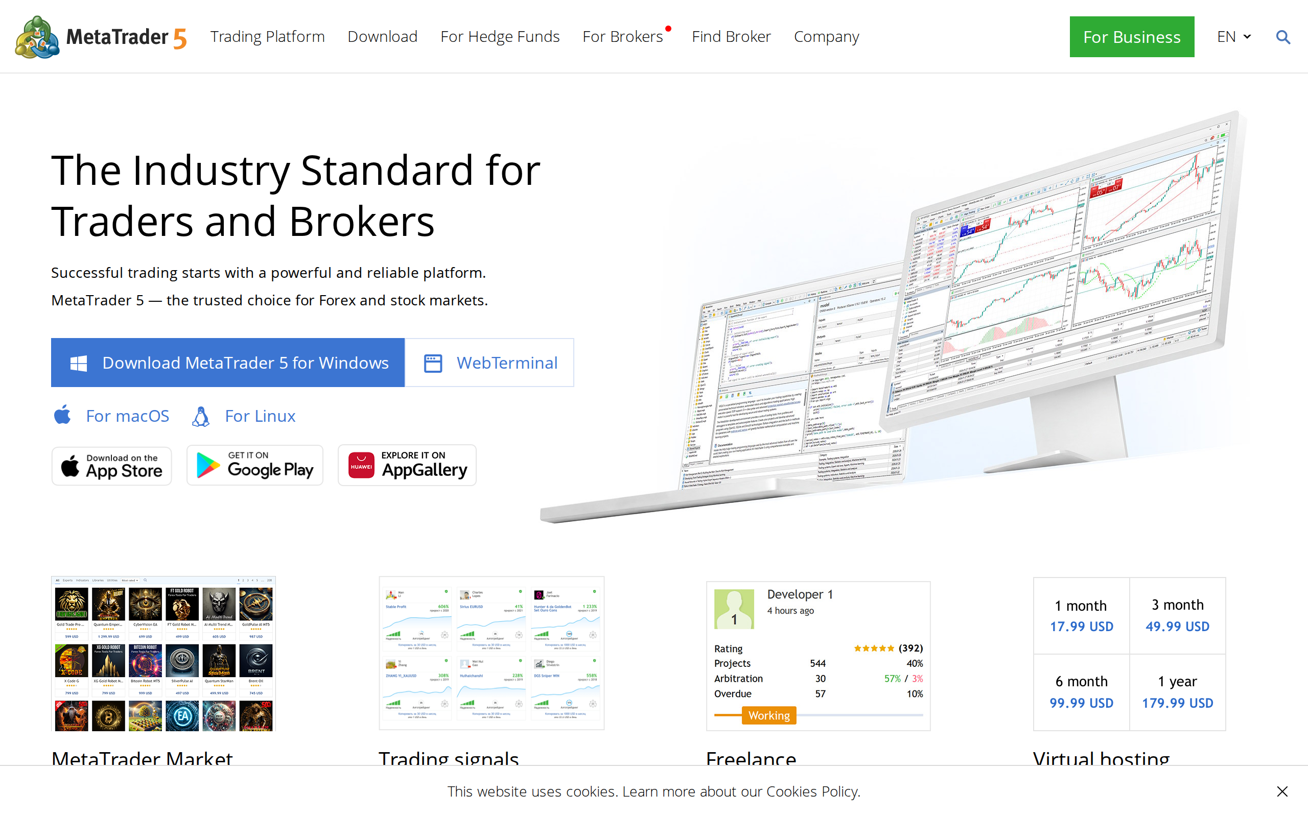 MetaTrader 5 home page headed The Industry Standard for Traders and Brokers, with a screenshot of the platform
