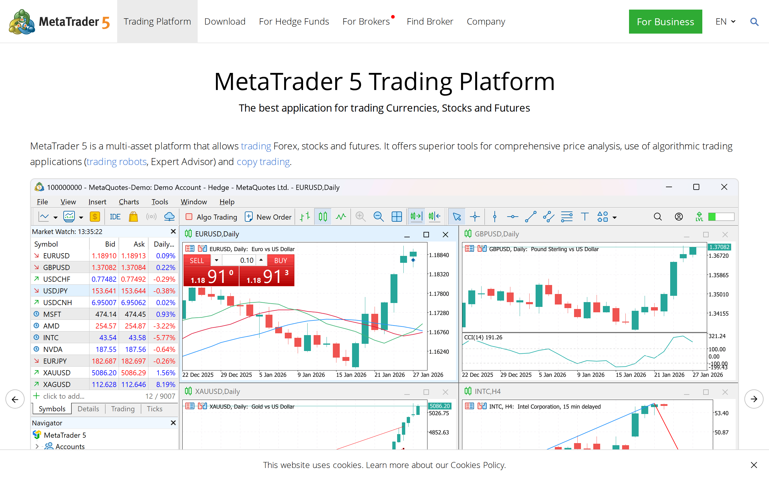 The MetaTrader 5 trading platform page describing a multi-asset platform for forex, stocks and futures
