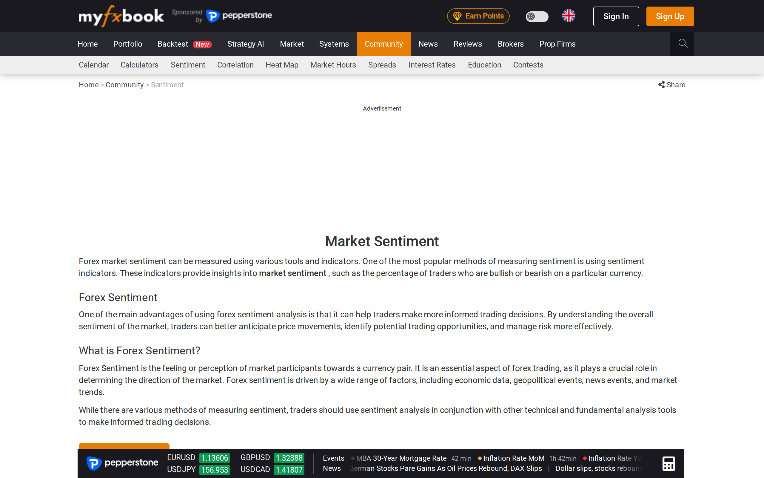 Myfxbook Market Sentiment page with forex sentiment explanation