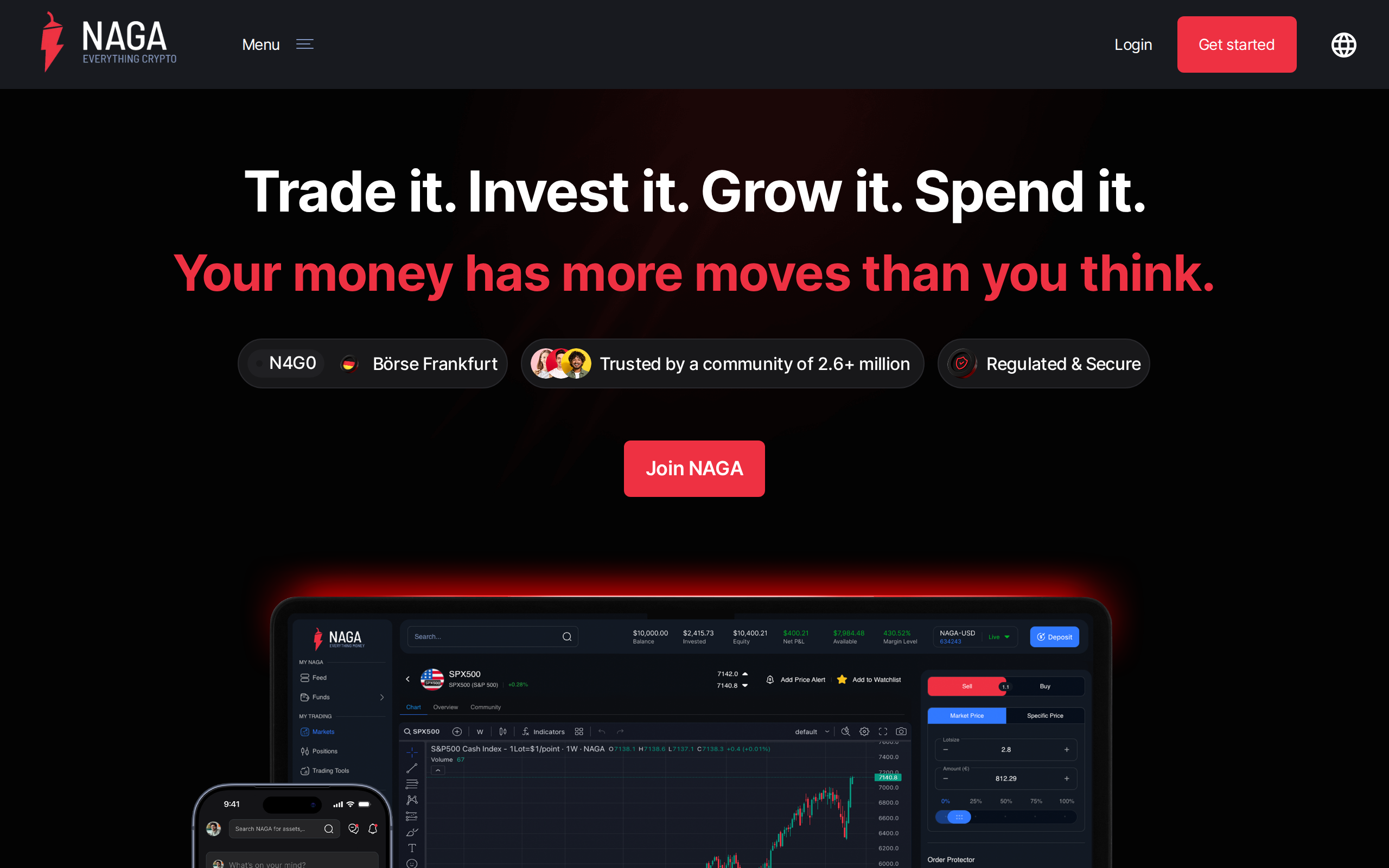NAGA home page headline: Trade it. Invest it. Grow it. Spend it. with a laptop and phone showing the platform