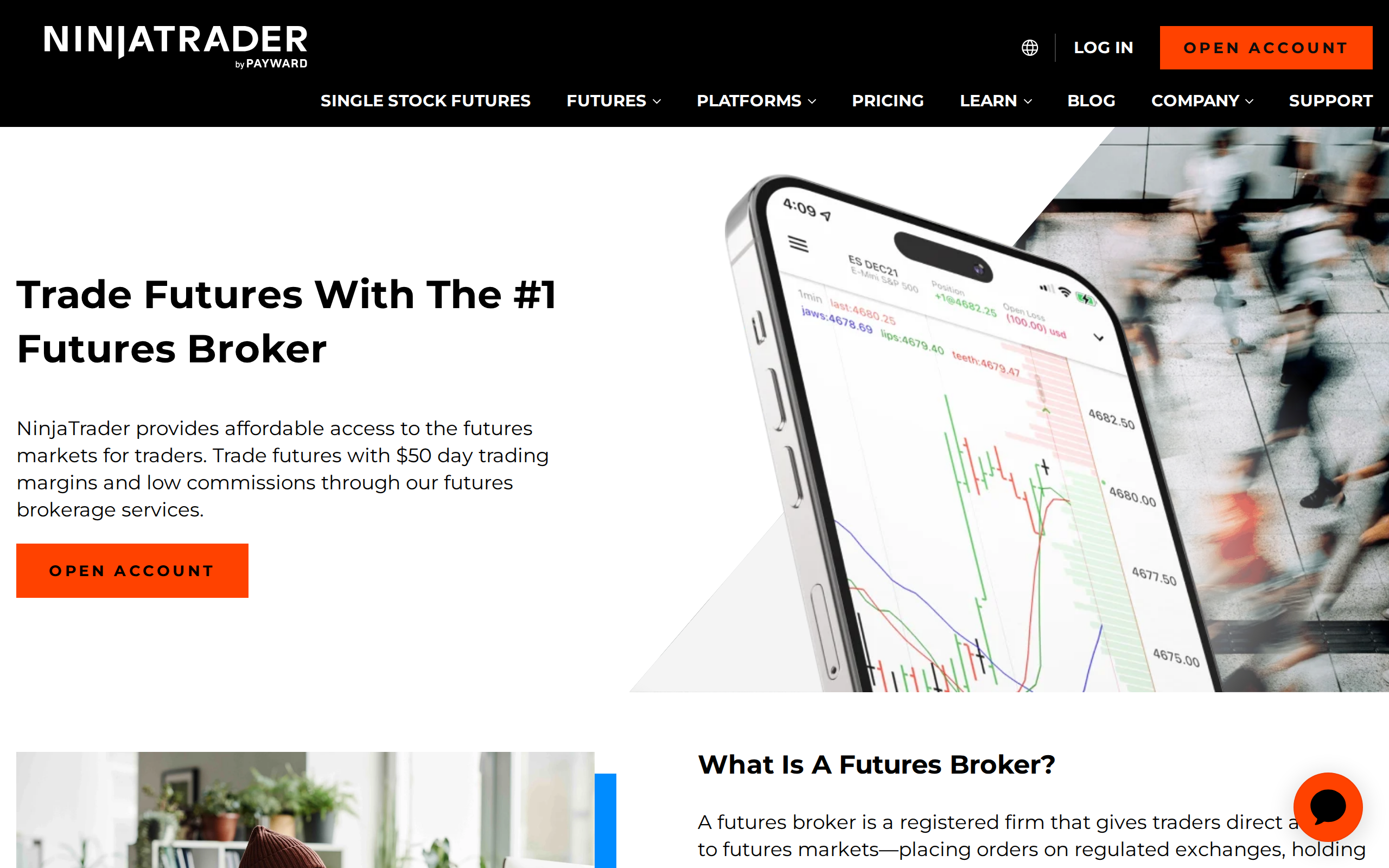 NinjaTrader futures broker page headed 'Trade Futures With The #1 Futures Broker' with a phone showing a chart