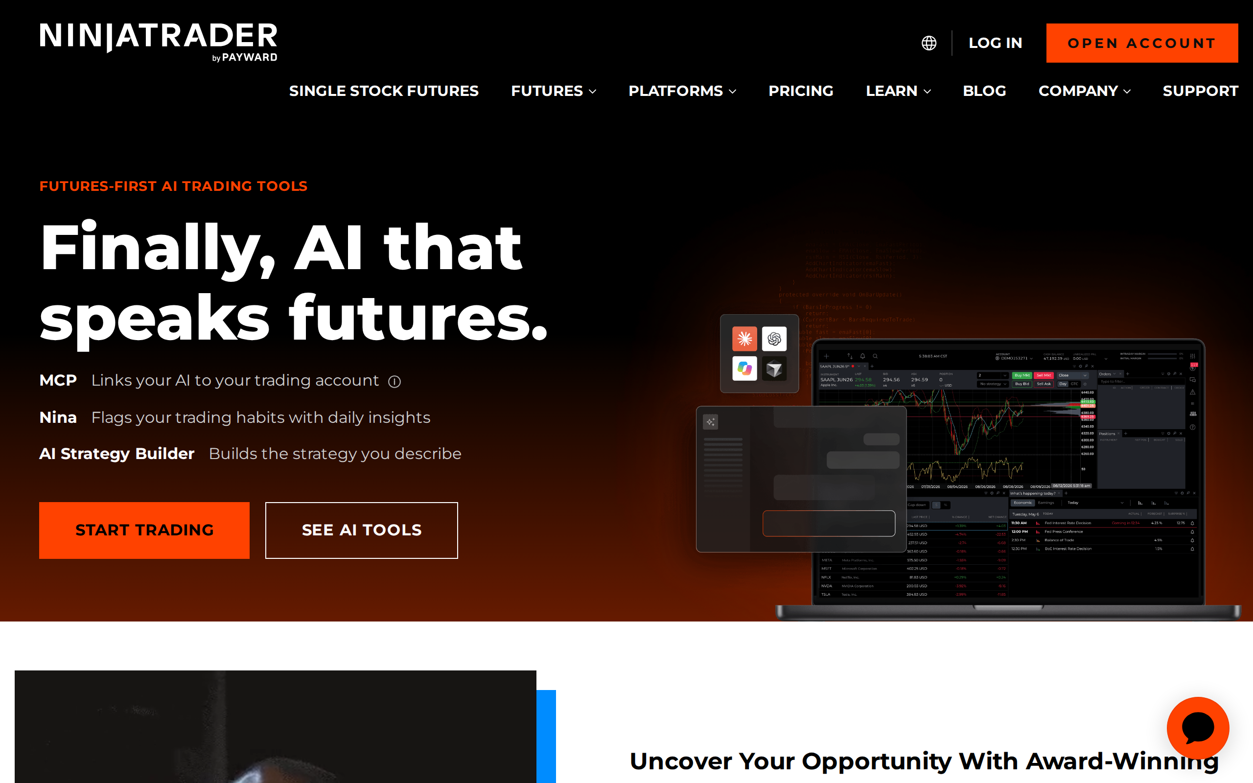 NinjaTrader homepage headed 'Finally, AI that speaks futures.' on a dark background with a trading platform on a laptop