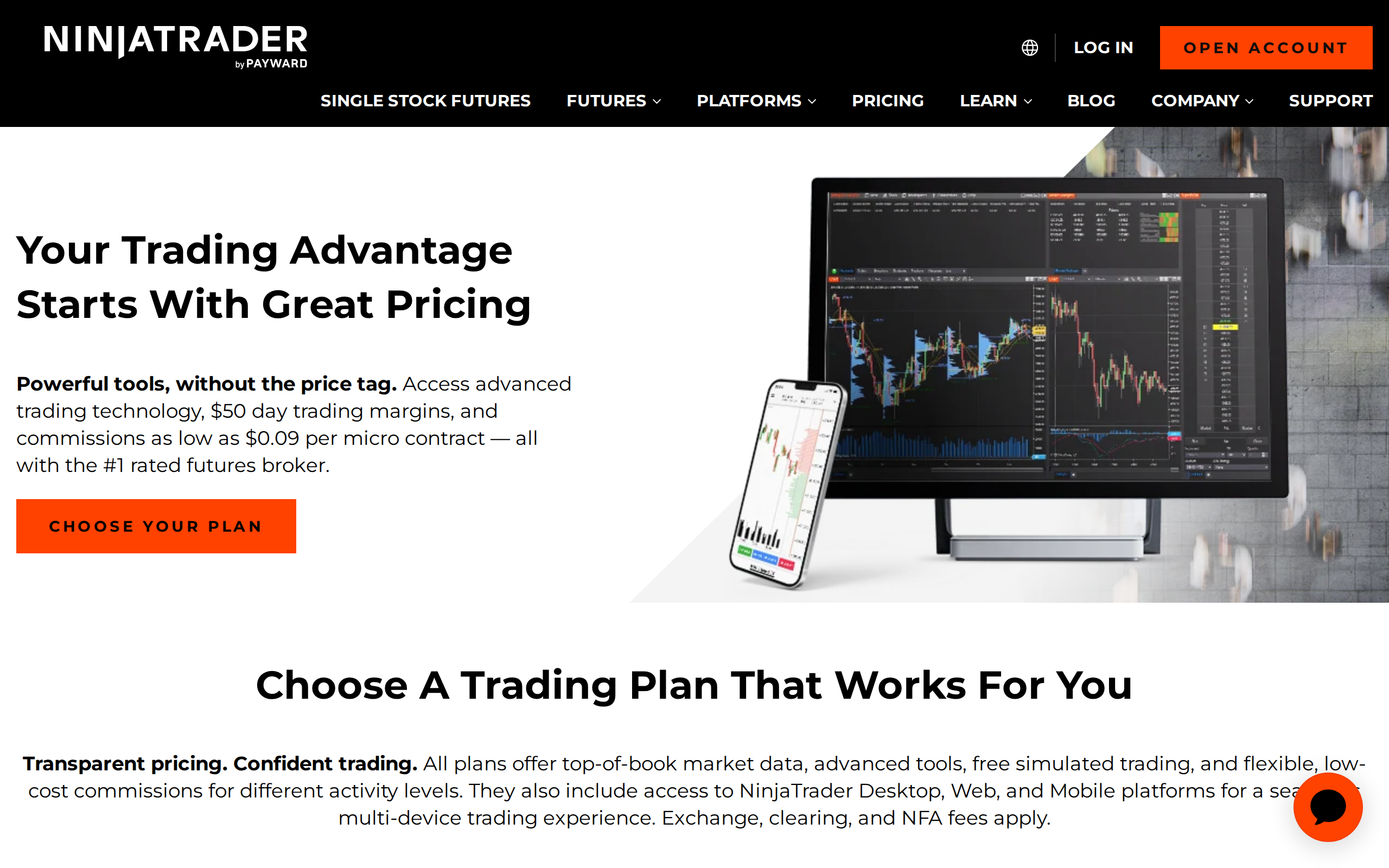 NinjaTrader pricing page headed 'Your Trading Advantage Starts With Great Pricing' with a laptop and phone showing the platform