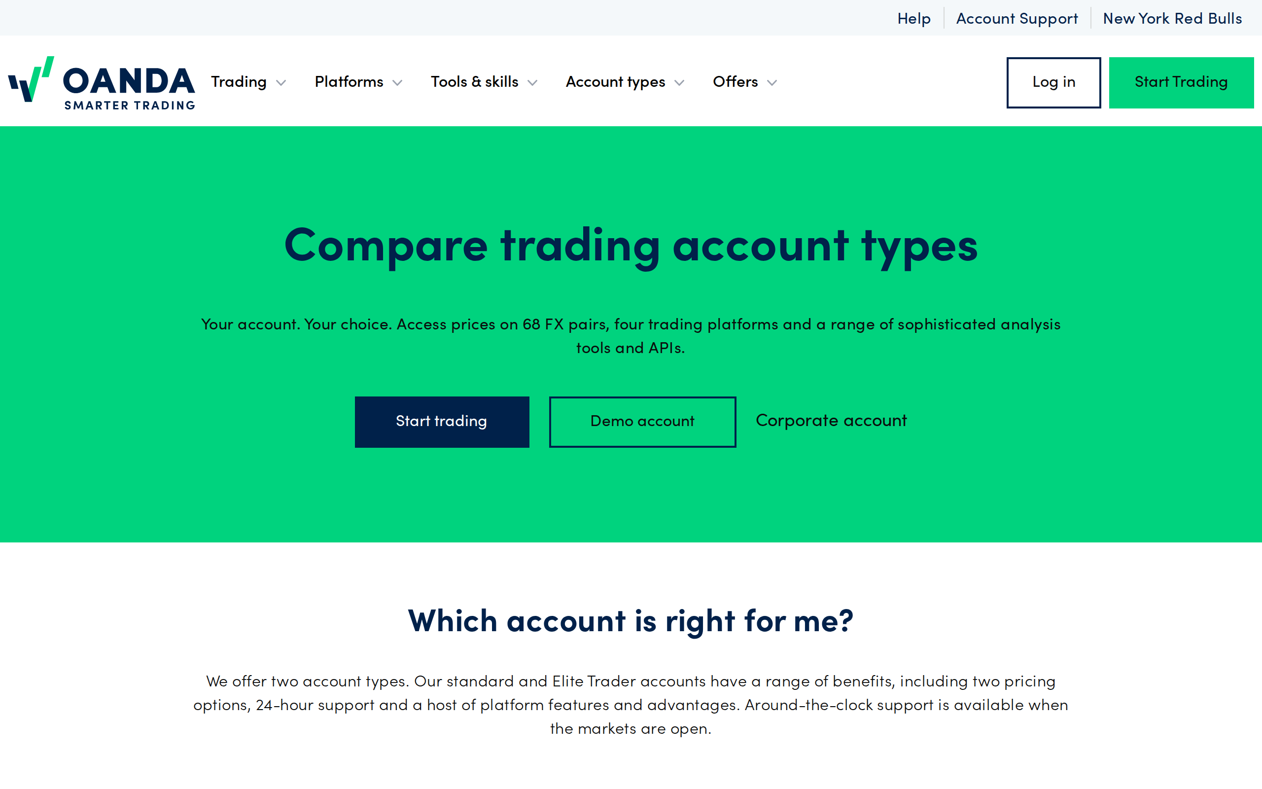 OANDA account comparison page headed Compare trading account types with the question Which account is right for me