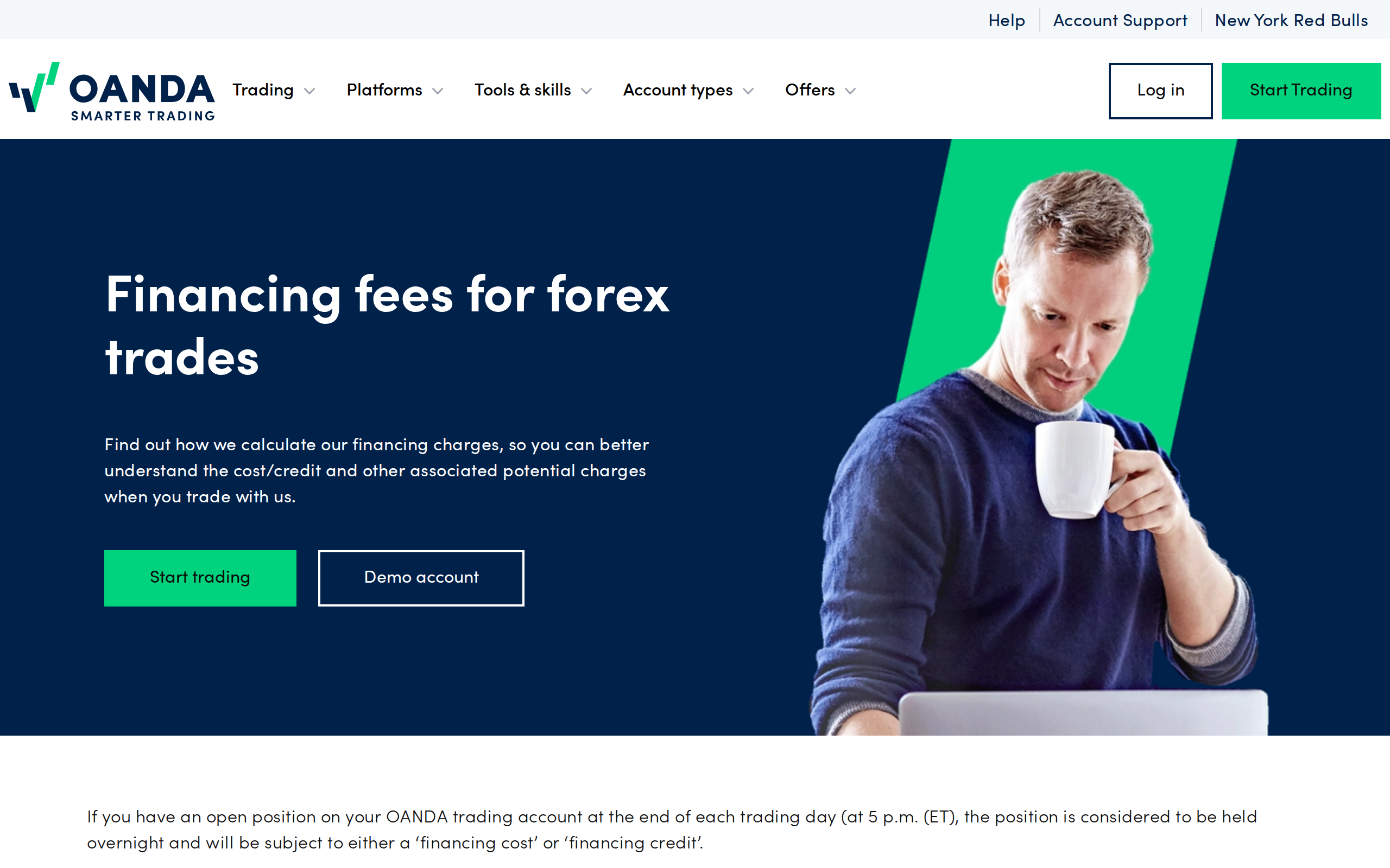 OANDA financing fees page headed Financing fees for forex trades
