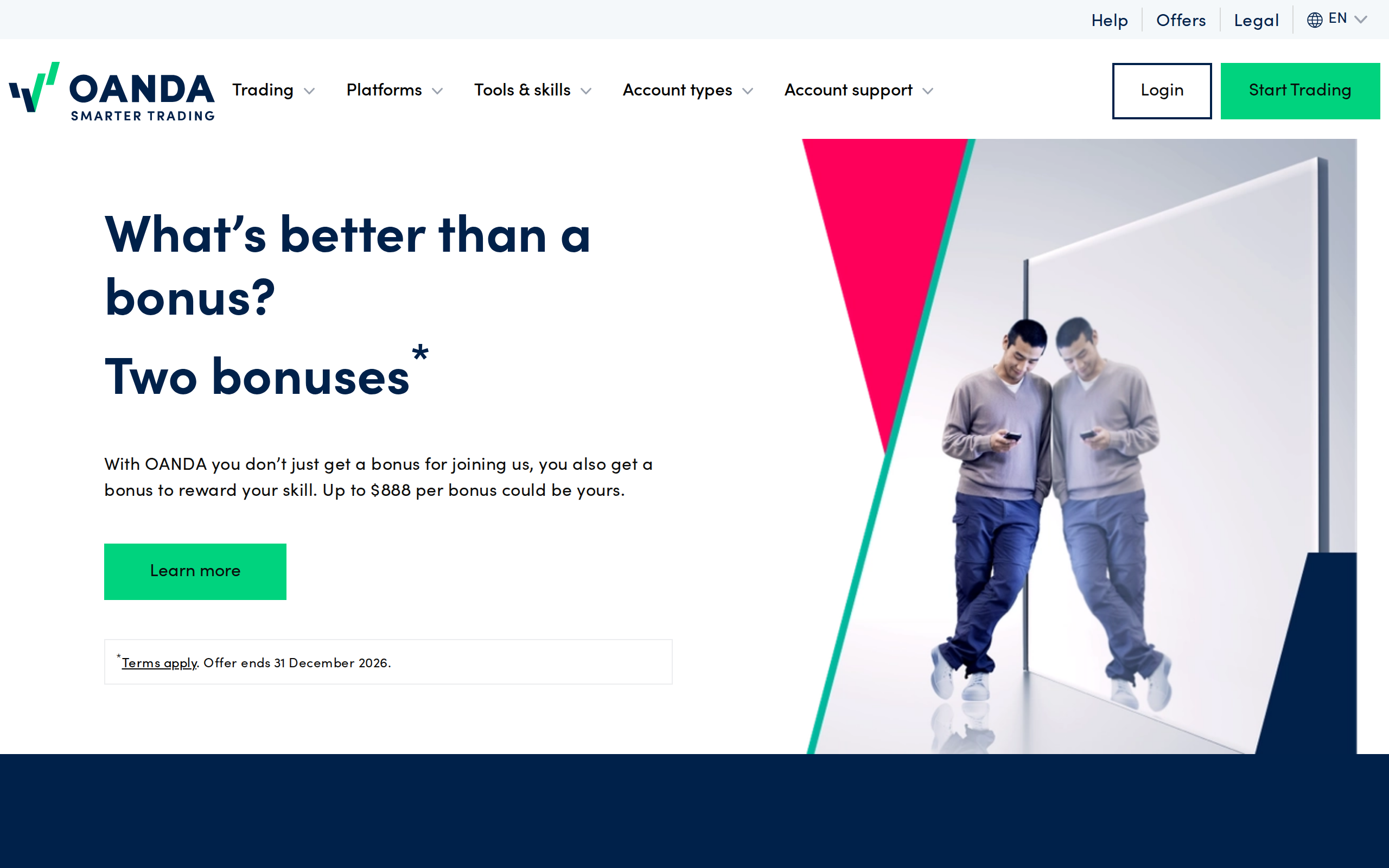 OANDA global home page showing a welcome bonus promotion and a line about choosing between TradingView, MT5 and the mobile app