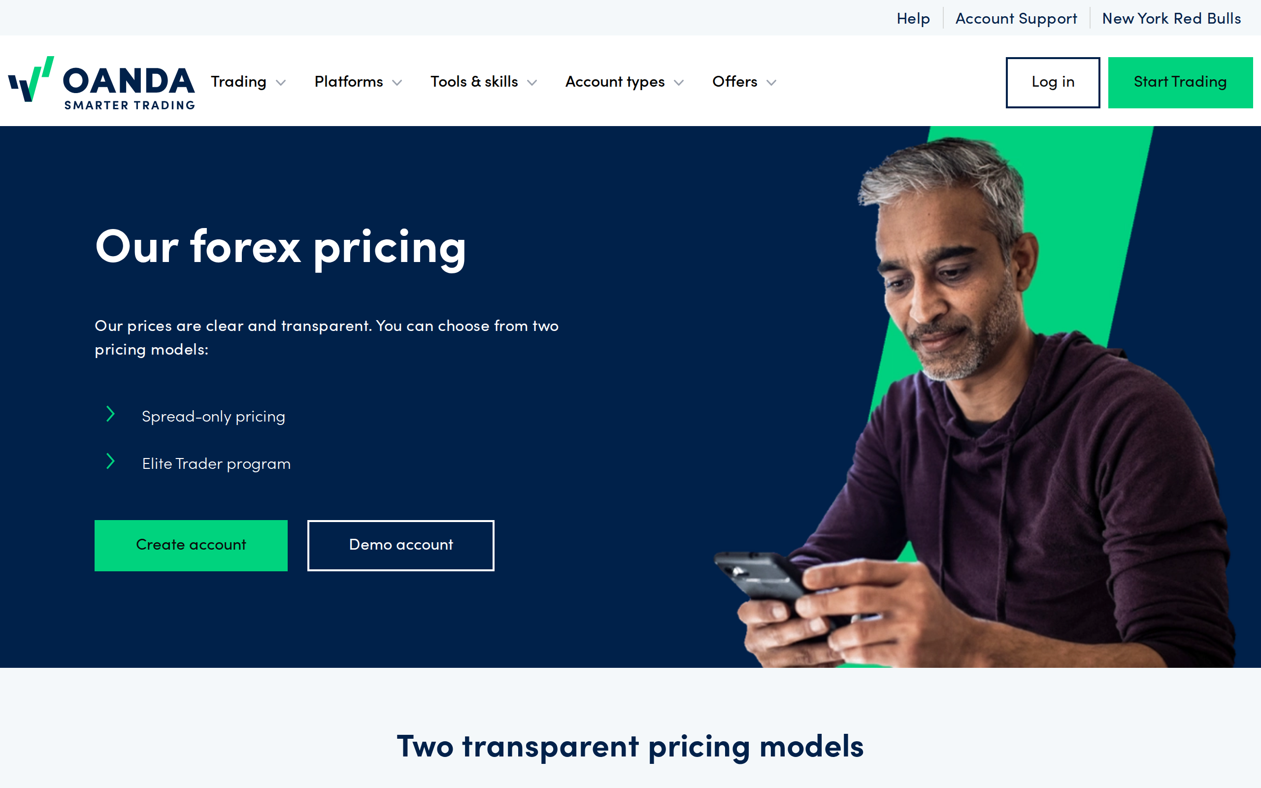 OANDA forex pricing page headed Our forex pricing and Two transparent pricing models