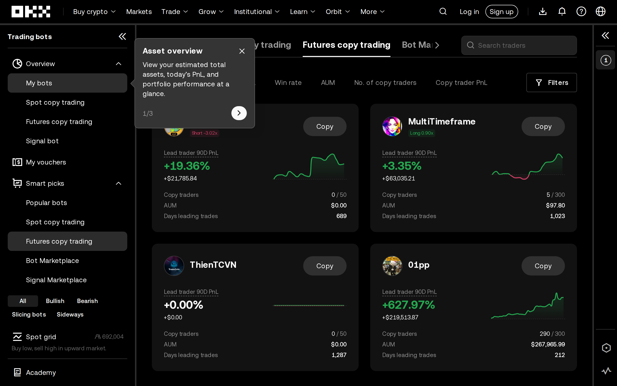 OKX copy trading page showing lead trader statistics with profit figures