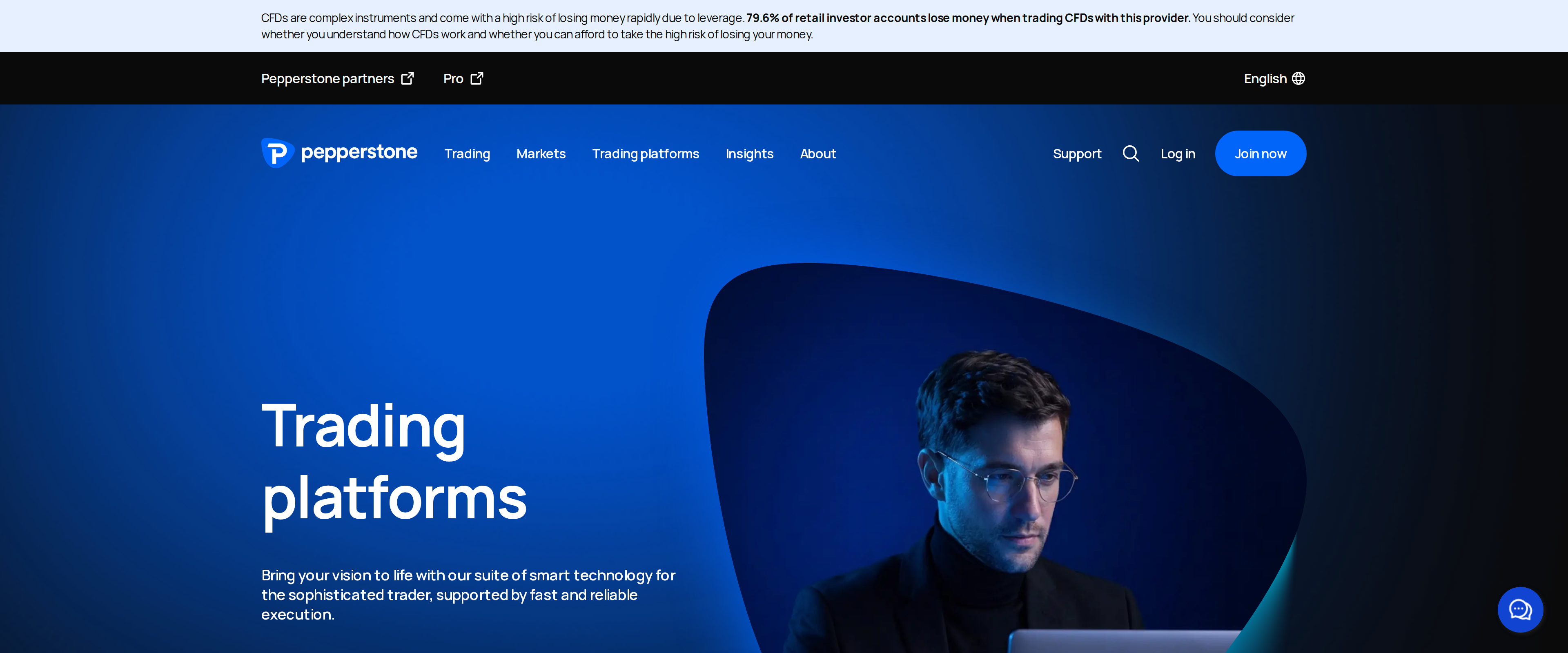 Pepperstone trading platforms page with a laptop illustration and the heading Trading platforms