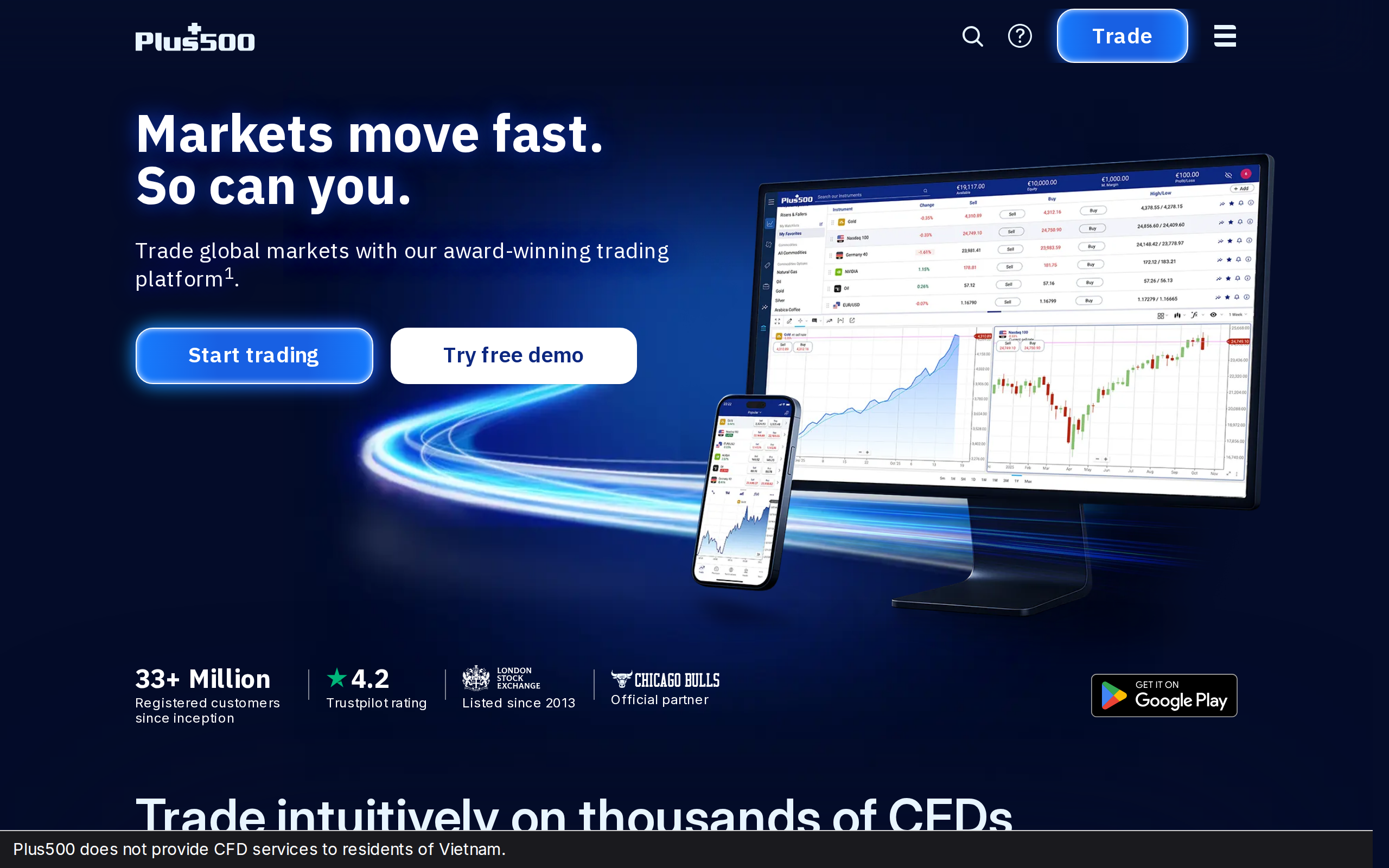 Plus500 homepage headline 'Markets move fast. So can you.' above the line 'Trade intuitively on thousands of CFDs'