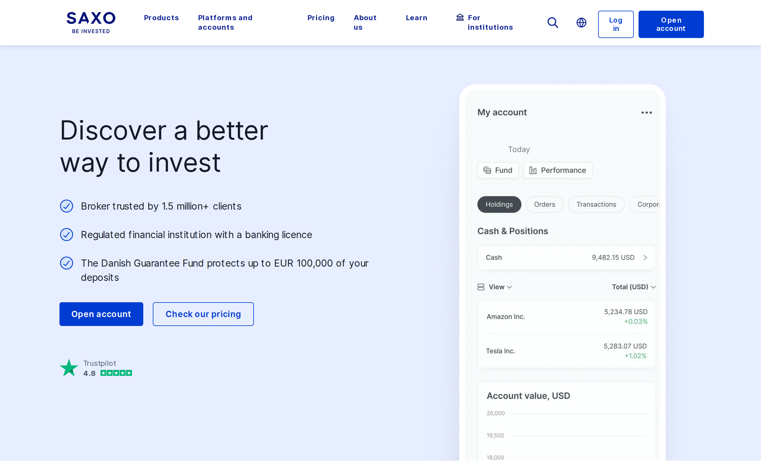 Saxo homepage headed 'Discover a better way to invest' with notes on 1.5 million clients and a banking licence