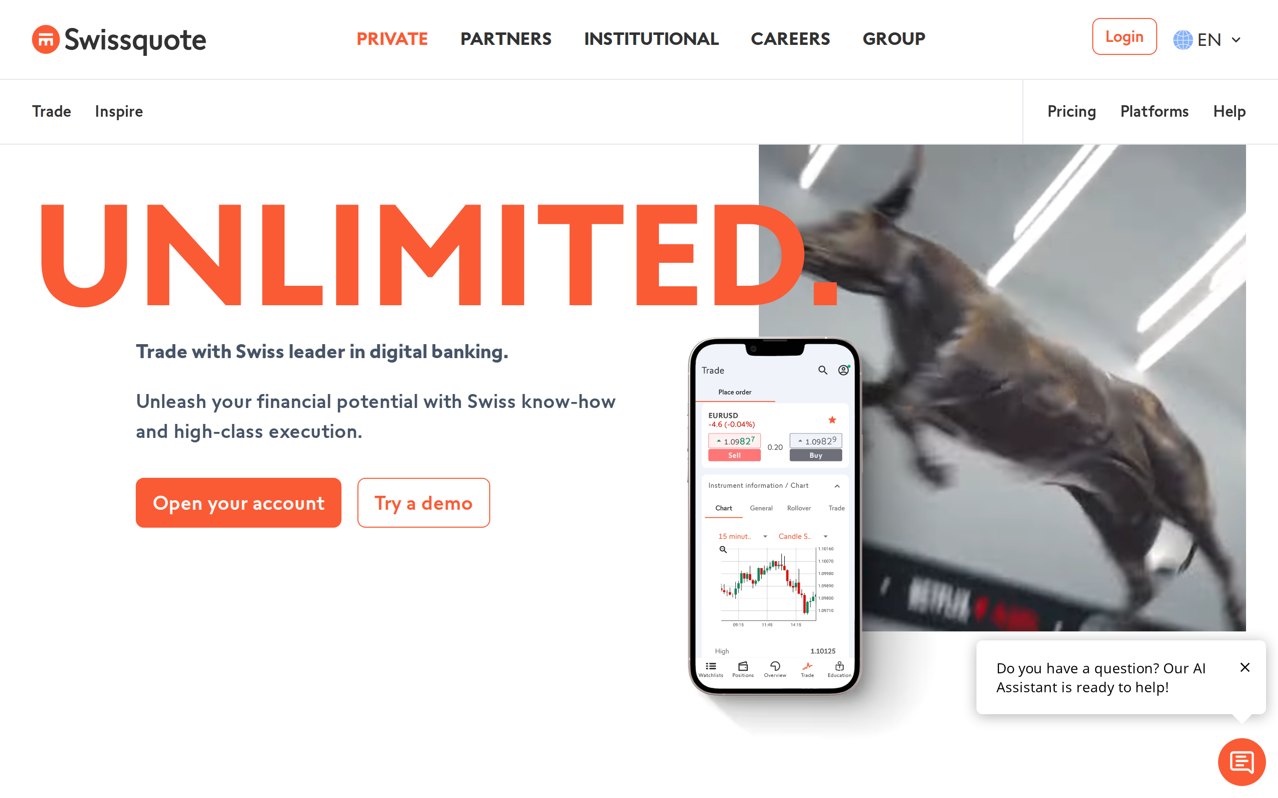 Swissquote private-client homepage headed 'UNLIMITED.' with the line 'Trade with Swiss leader in digital banking'