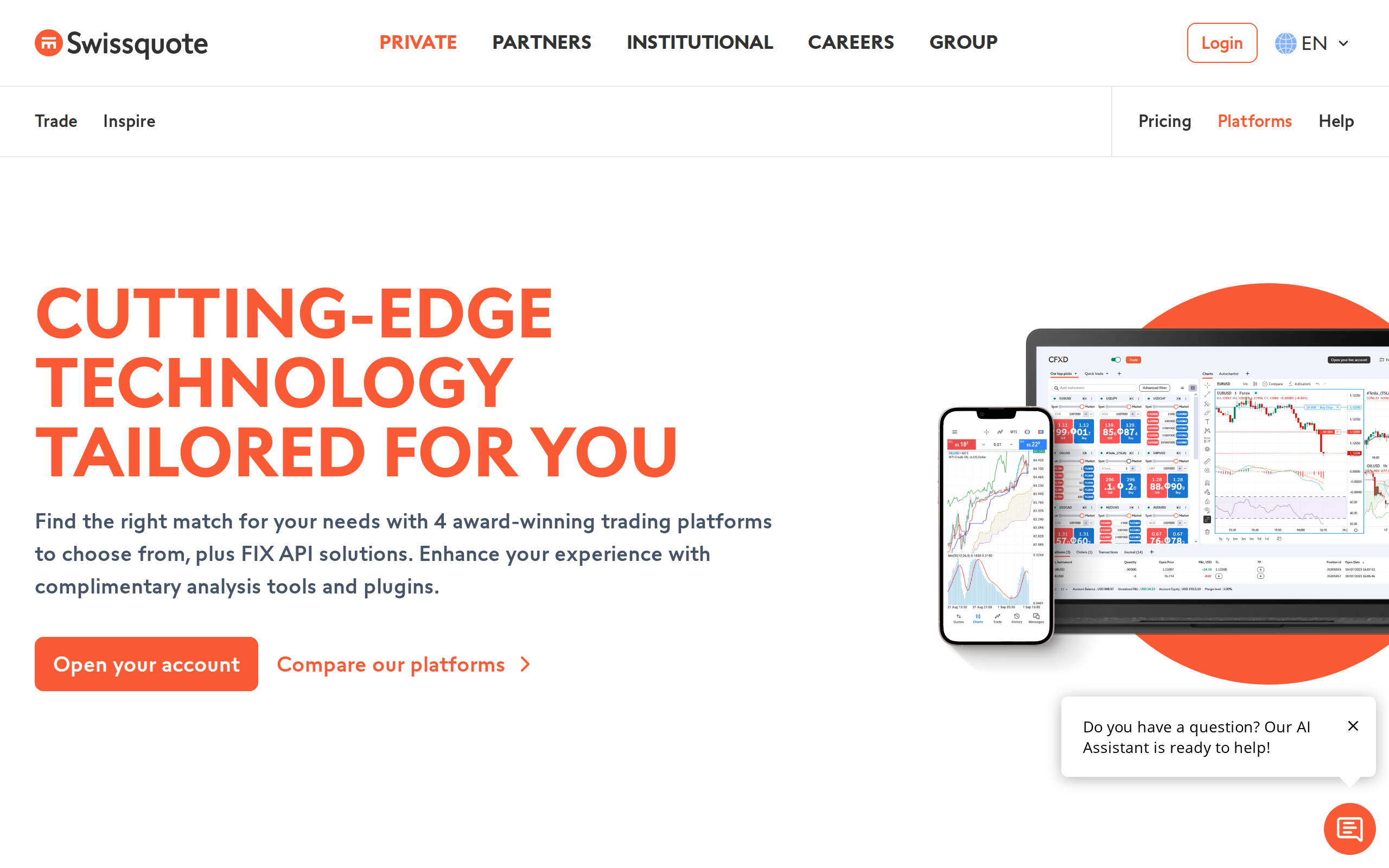 Swissquote platforms page headed CUTTING-EDGE TECHNOLOGY TAILORED FOR YOU showing CFXD web charts