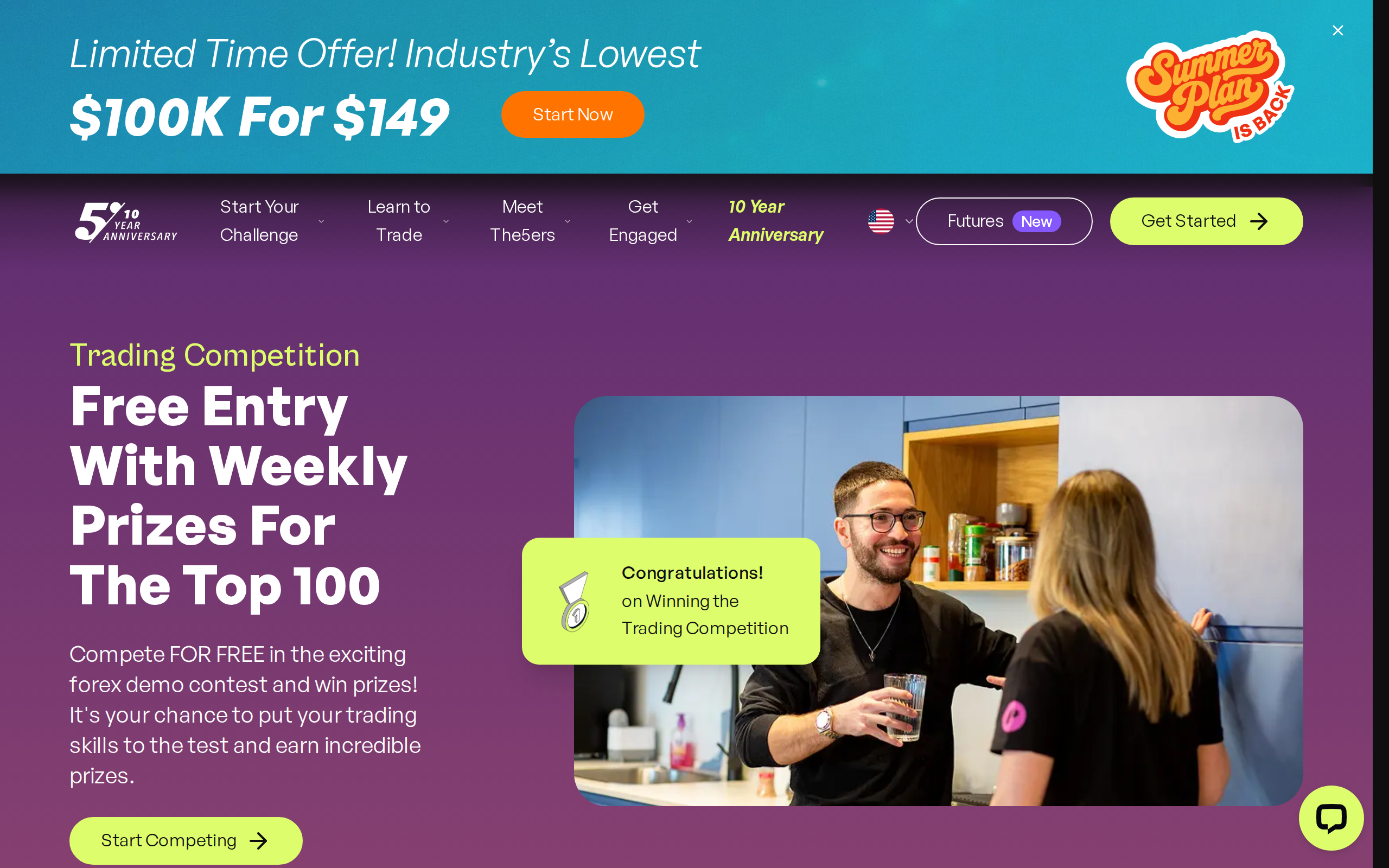 The5ers trading competition page headed 'Free Entry With Weekly Prizes For The Top 100'