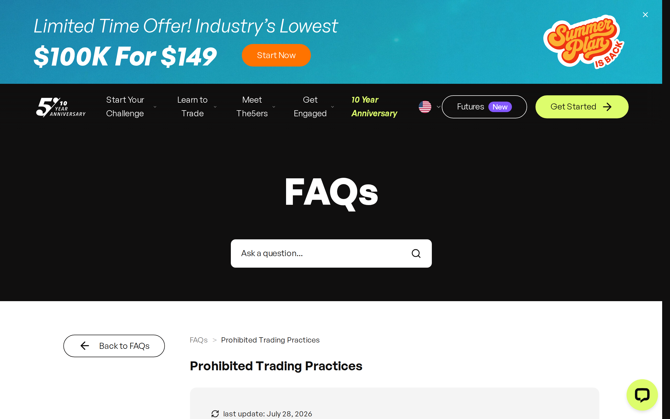 The5ers FAQ page headed 'Prohibited Trading Practices' with a last-updated date of July 28, 2026