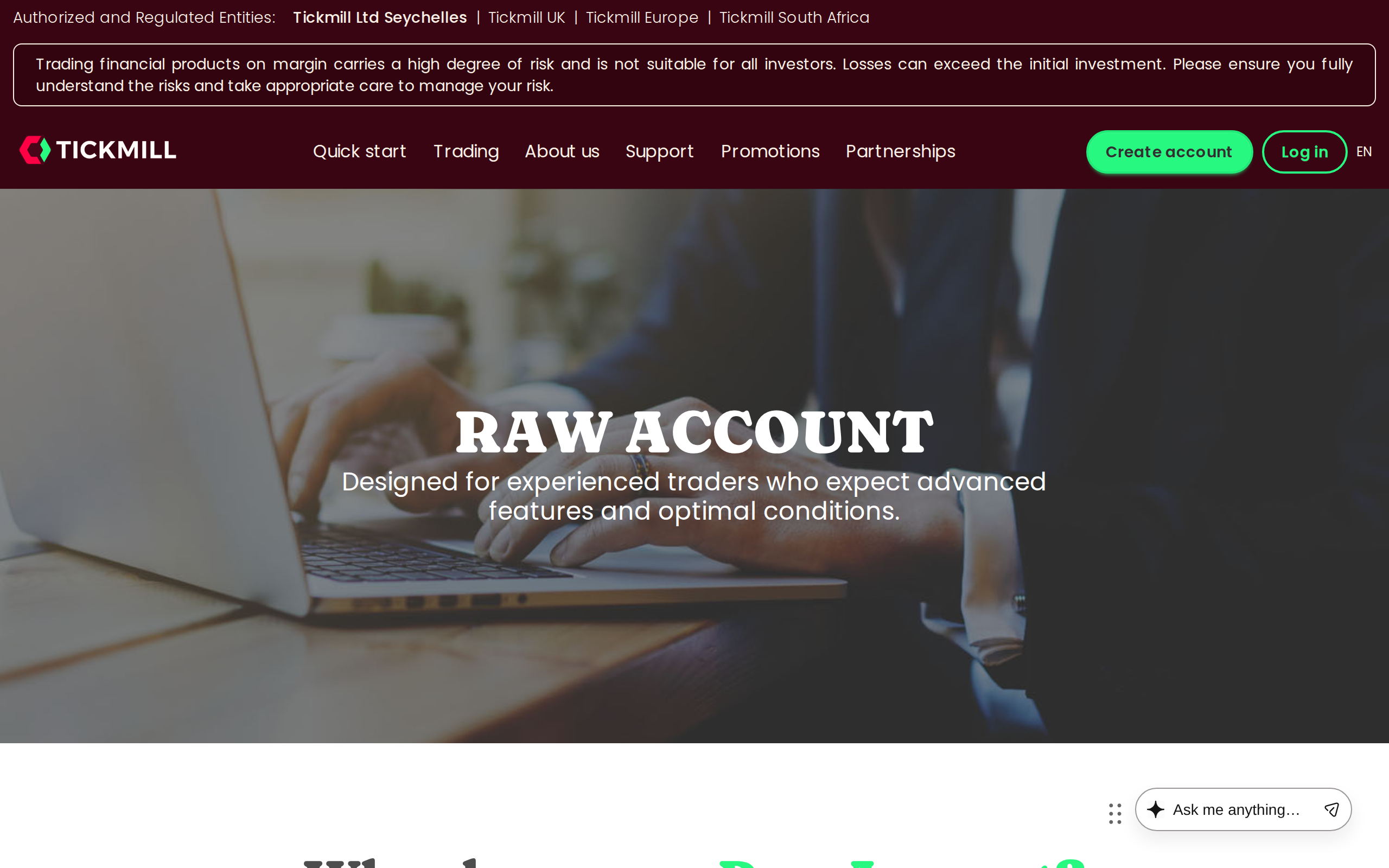 Tickmill Raw account page headed 'RAW ACCOUNT' with a section on why to choose it