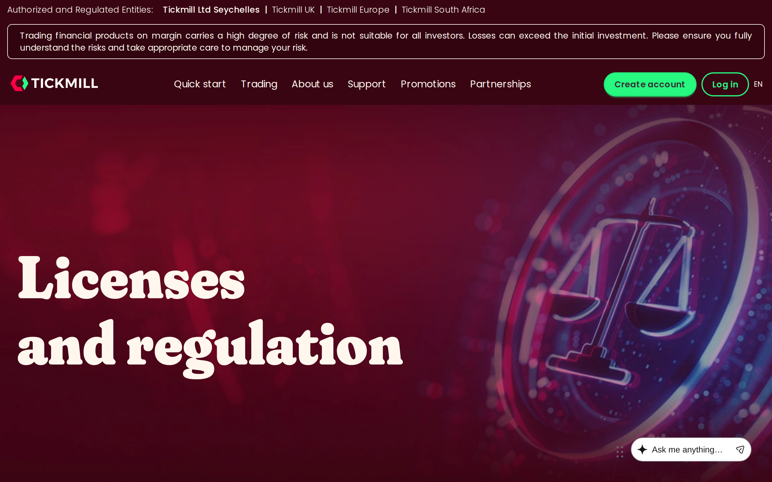 Tickmill licences and regulation page with a heading 'Licenses and regulation'