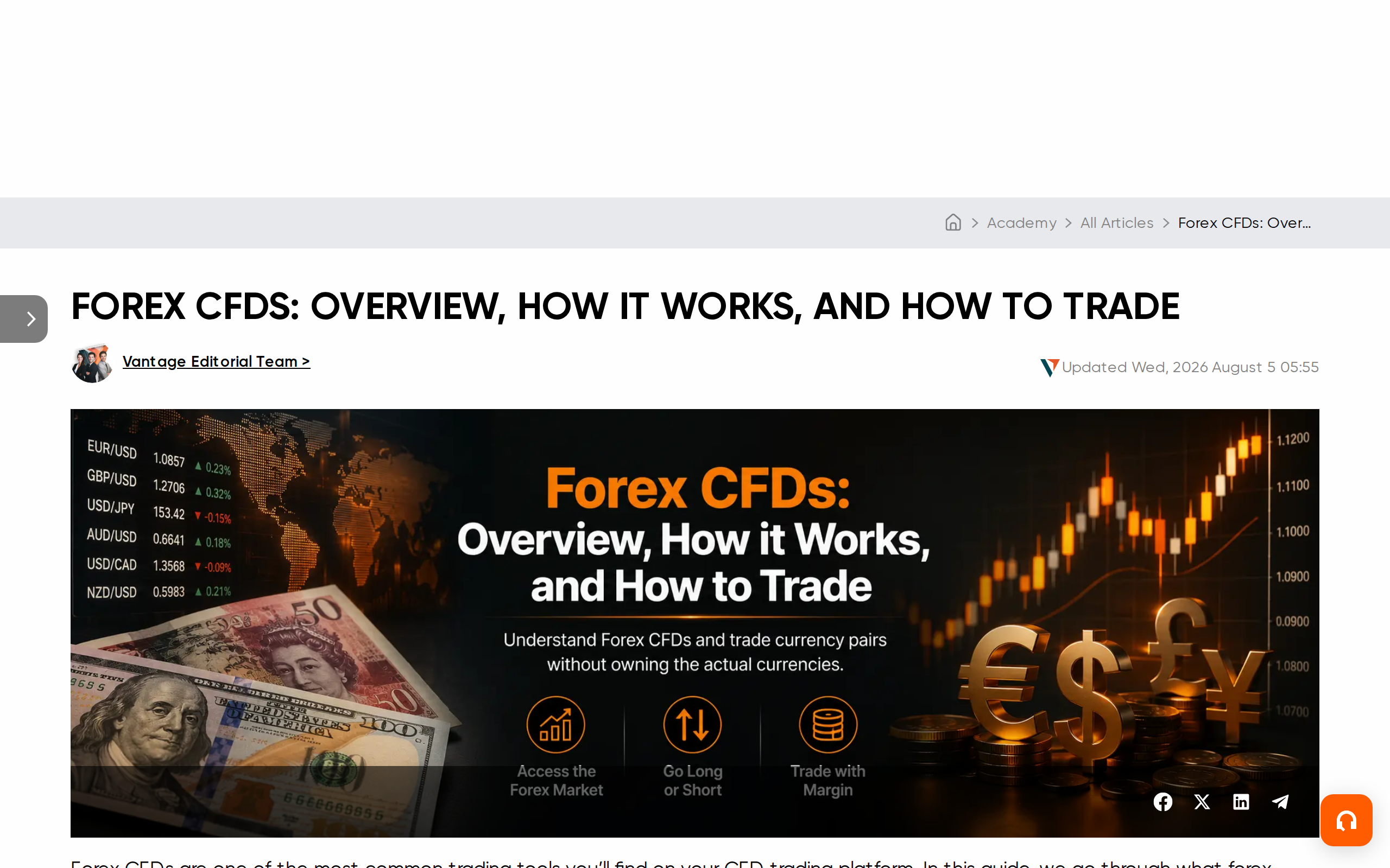 Vantage UK academy page headed Forex CFDs: Overview, How it Works and How to Trade