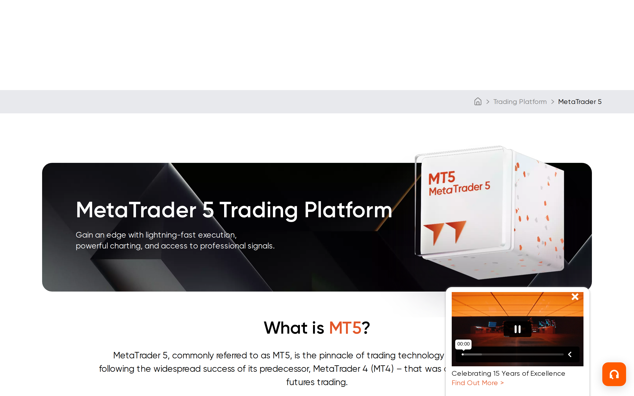 Vantage MetaTrader 5 page headed MetaTrader 5 Trading Platform, with a What is MT5 section