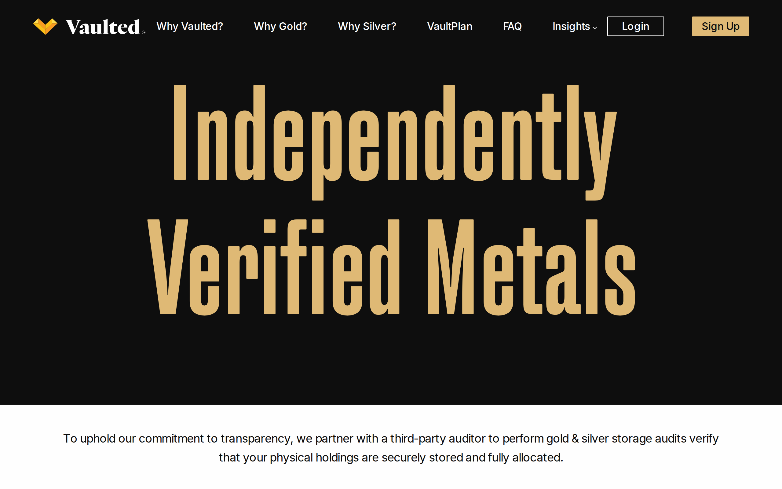 Vaulted audits page with the heading Independently Verified Metals and a note on the third-party auditor
