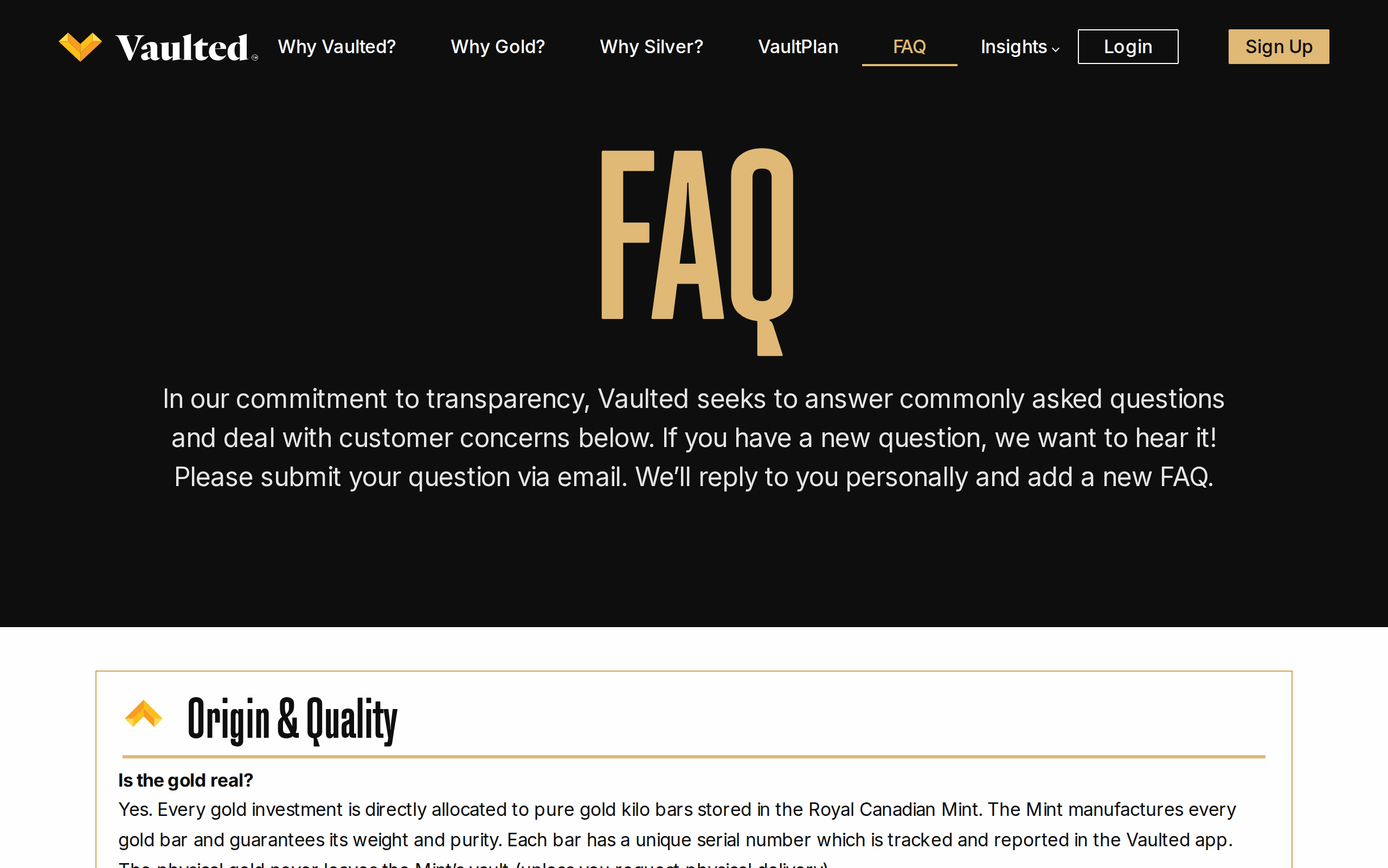Vaulted FAQ page with the heading FAQ and a section on origin and quality