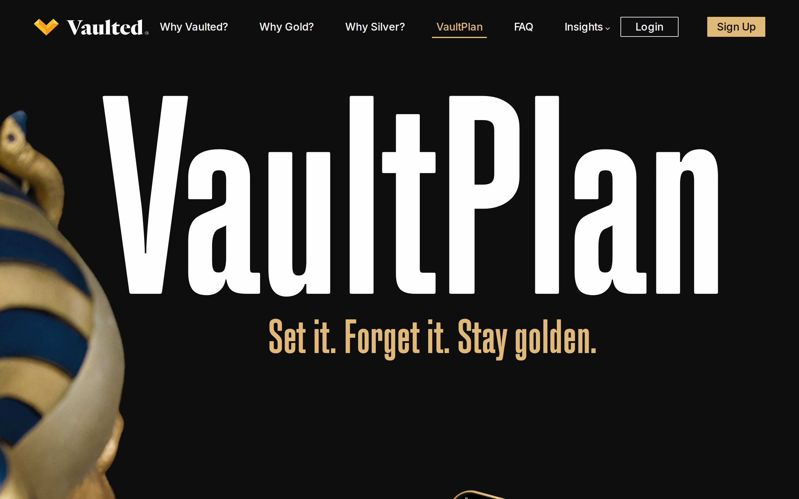 Vaulted VaultPlan page with the heading Set it. Forget it. Stay golden. and a phone screen