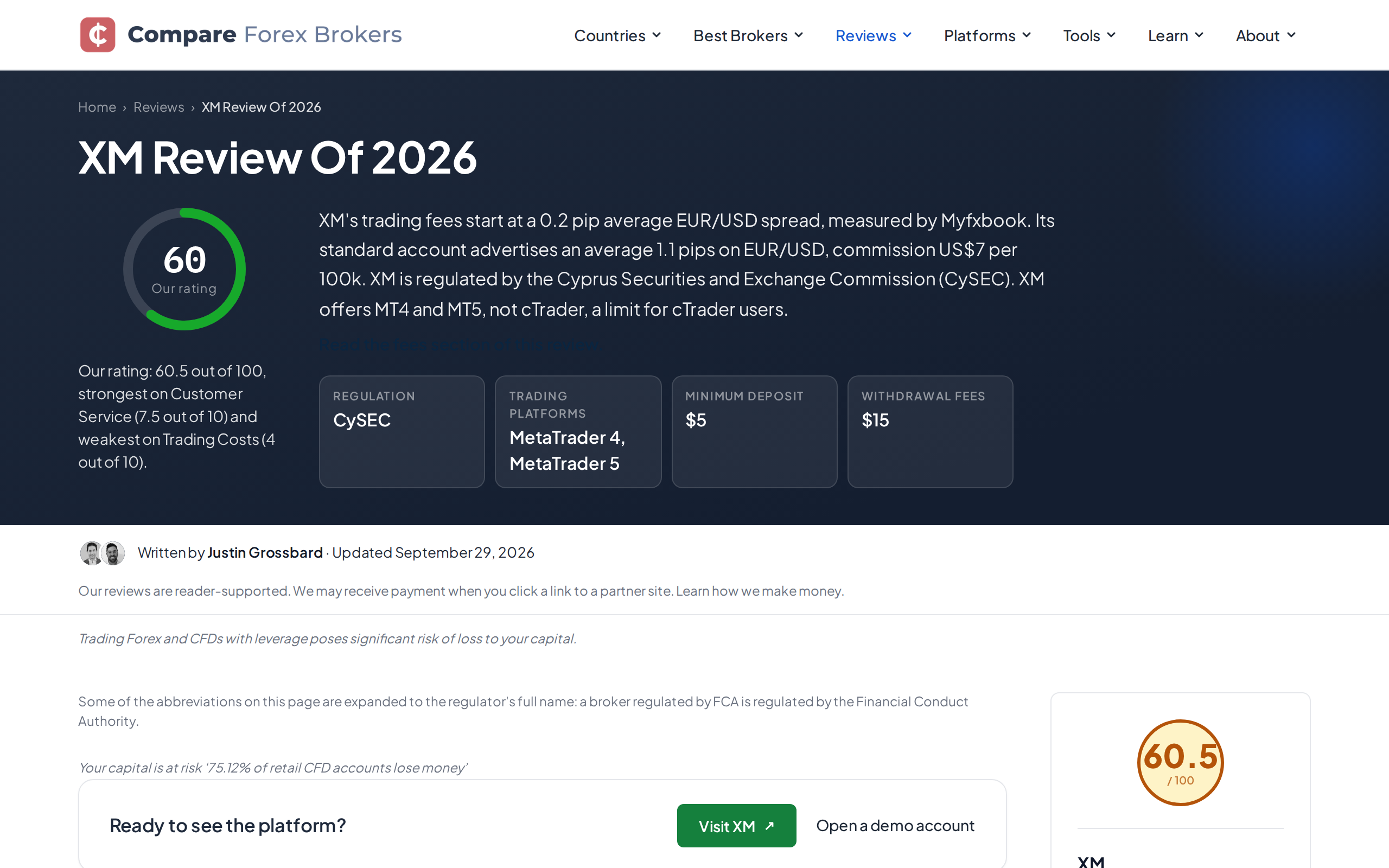 CompareForexBrokers' XM review page headed 'XM Review Of 2026', with the country menu and dollar figures in the fee summary