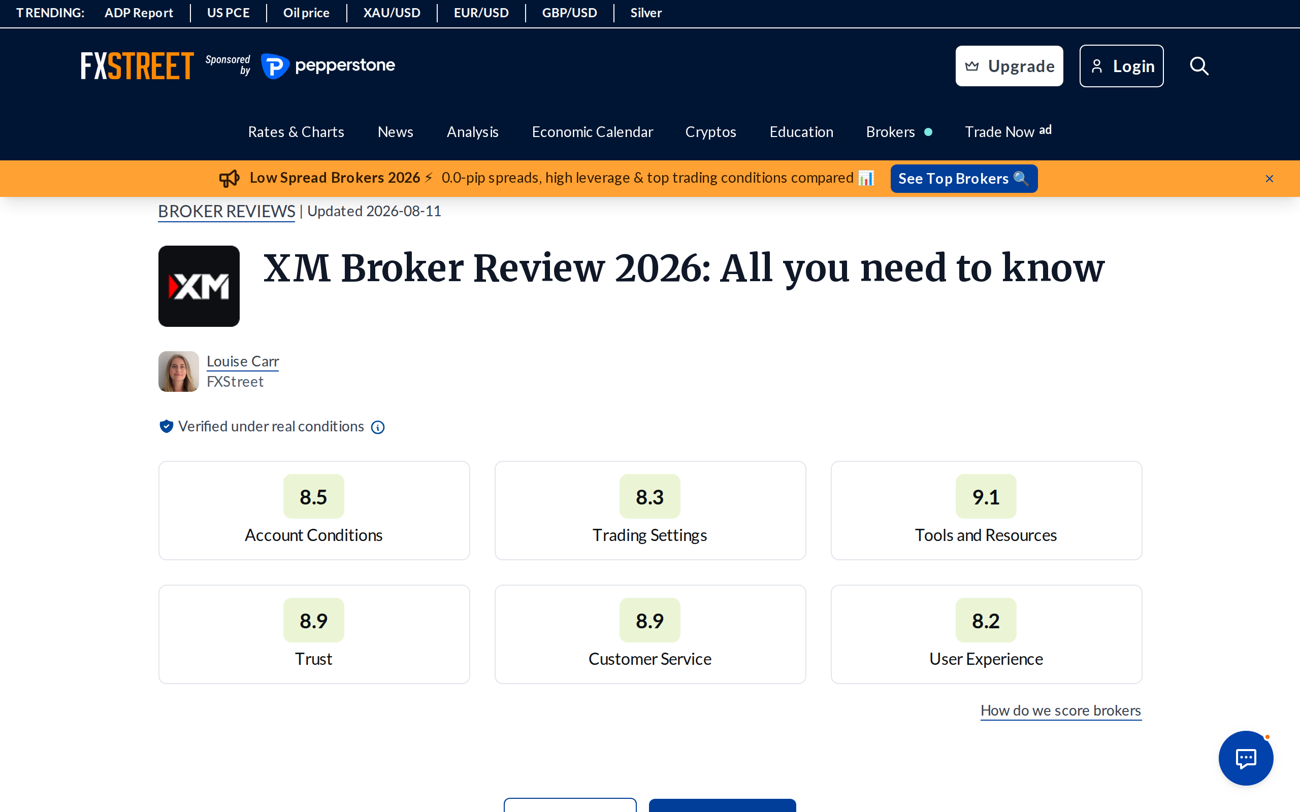 FXStreet's XM broker review with sections on account conditions, trading settings and tools