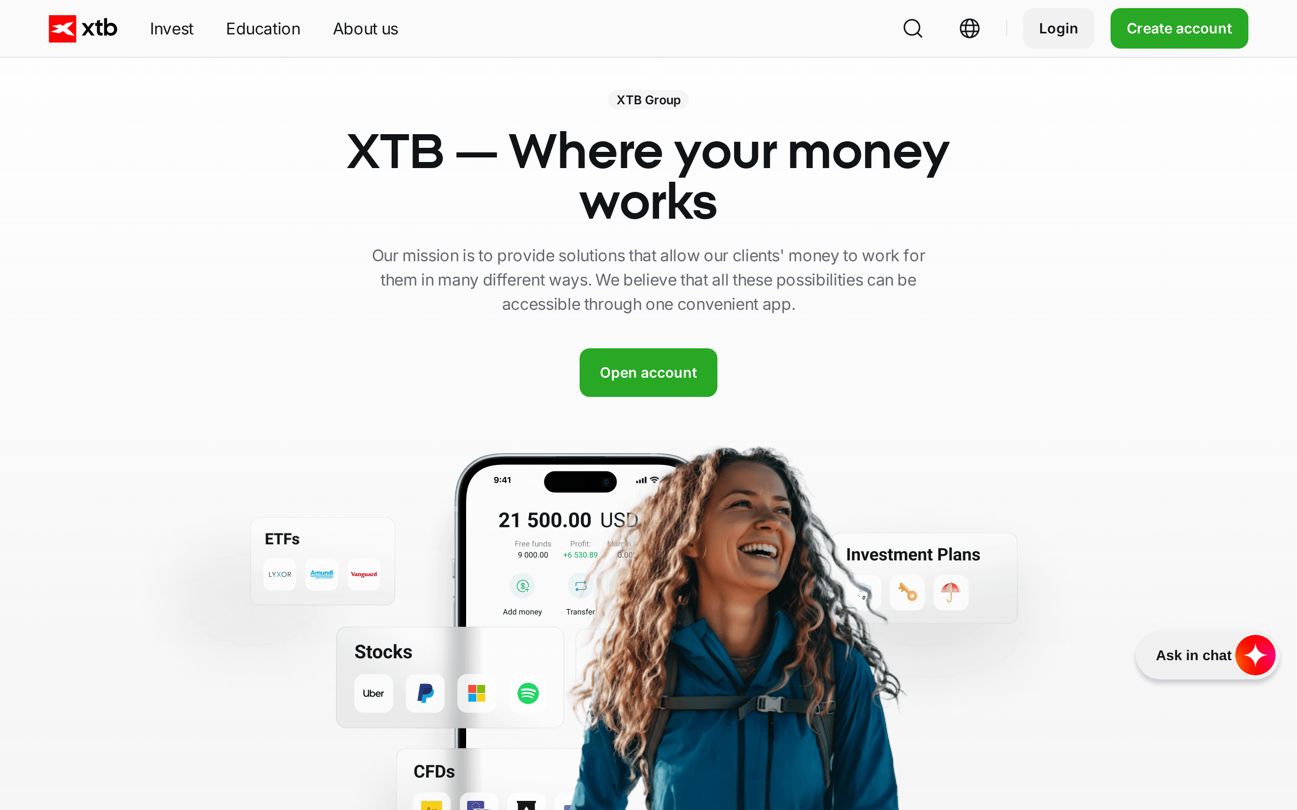 XTB about page with the headline 'XTB, where your money works' and a statement of the firm's mission