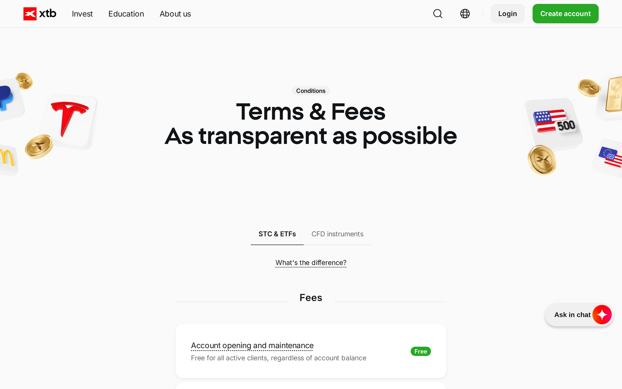 XTB terms and fees page headed 'As transparent as possible' with the account opening and maintenance section visible