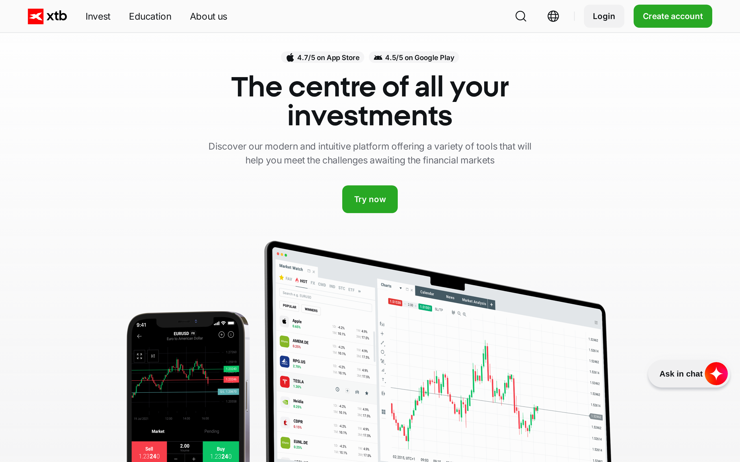 XTB platform page headed 'The centre of all your investments' describing a modern and intuitive trading platform